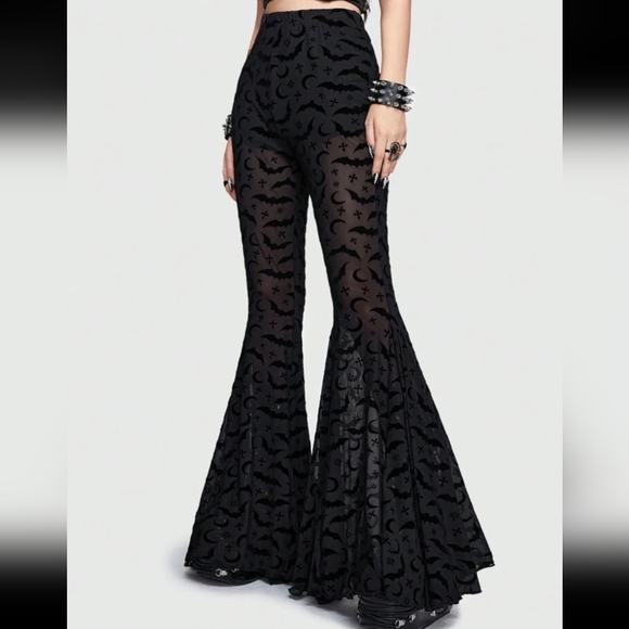 ROMWE Pants - Nwot ROMWE Black Sheer Velvet Flared Pants With Moon & Bat Print